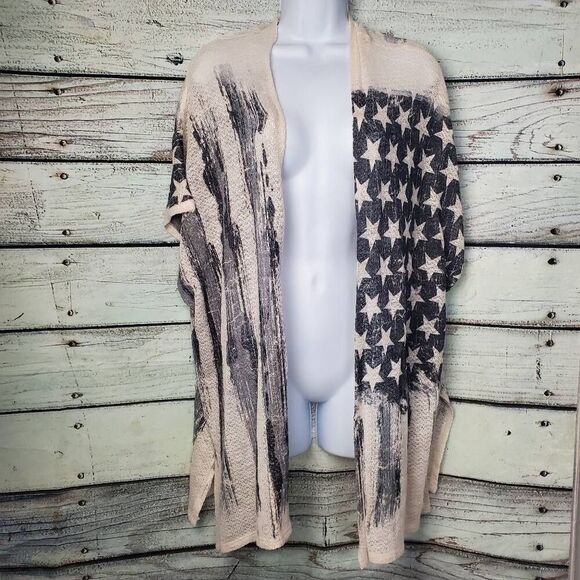 Vanity Women’s American Flag Cardigan Size L Open Front Black White Patriotic - Picture 2 of 7